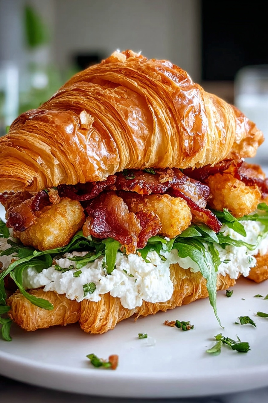 A croissant sandwich with bacon, goat cheese, and lettuce.
