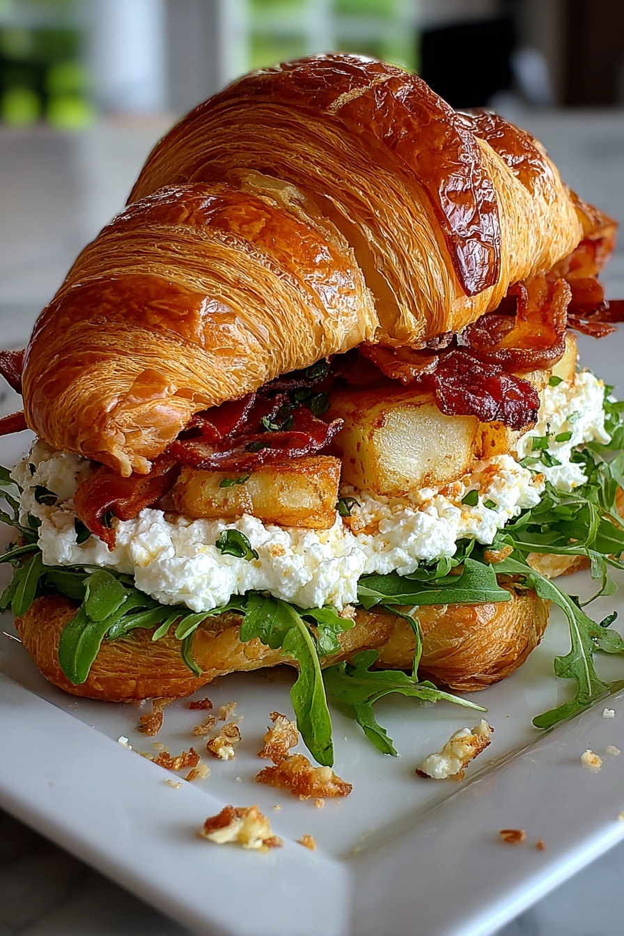 A croissant sandwich with bacon, goat cheese, and an apple slice.