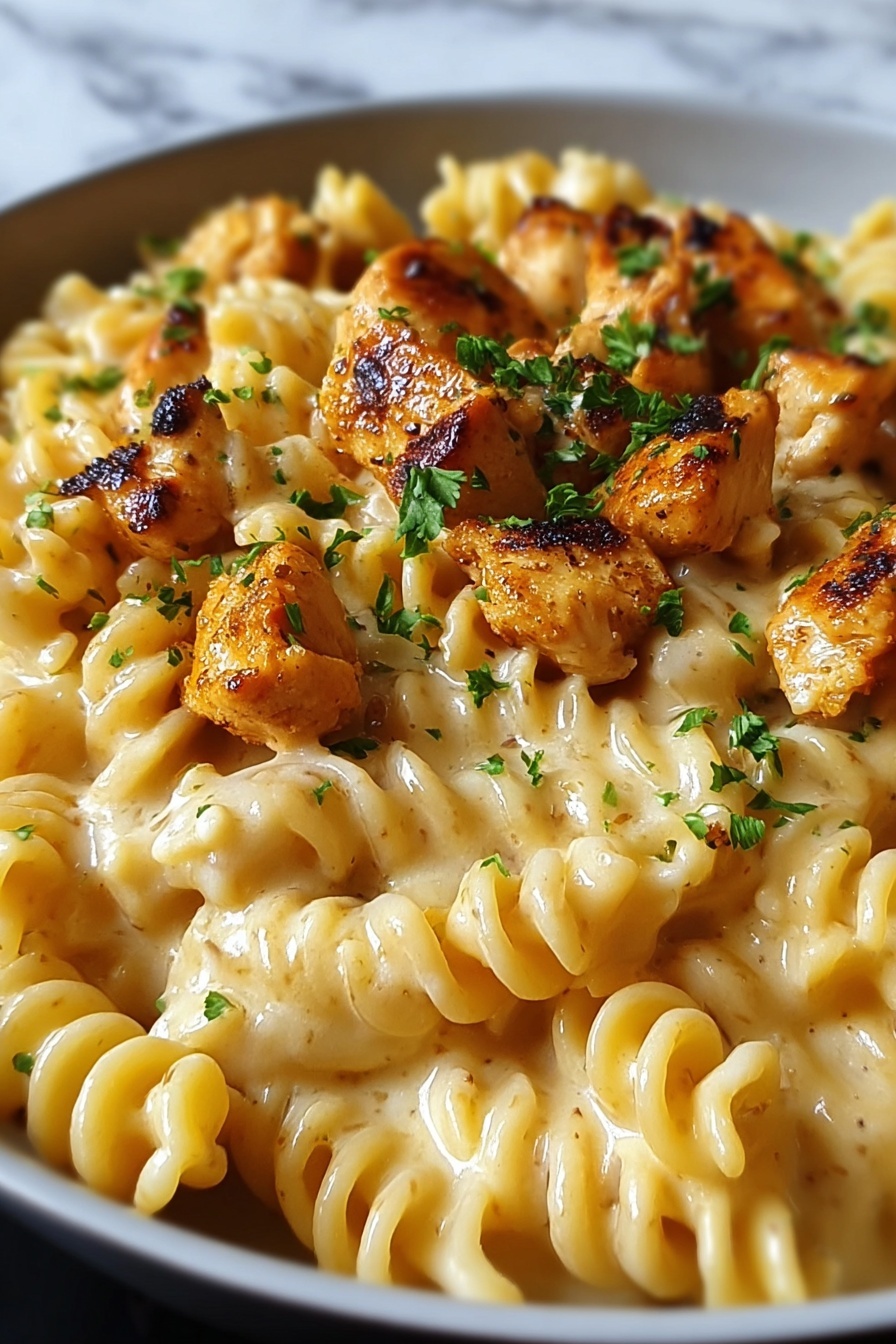 A plate of food with chicken and pasta.