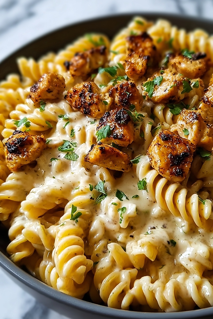 A delicious meal of pasta with chicken and cheese.