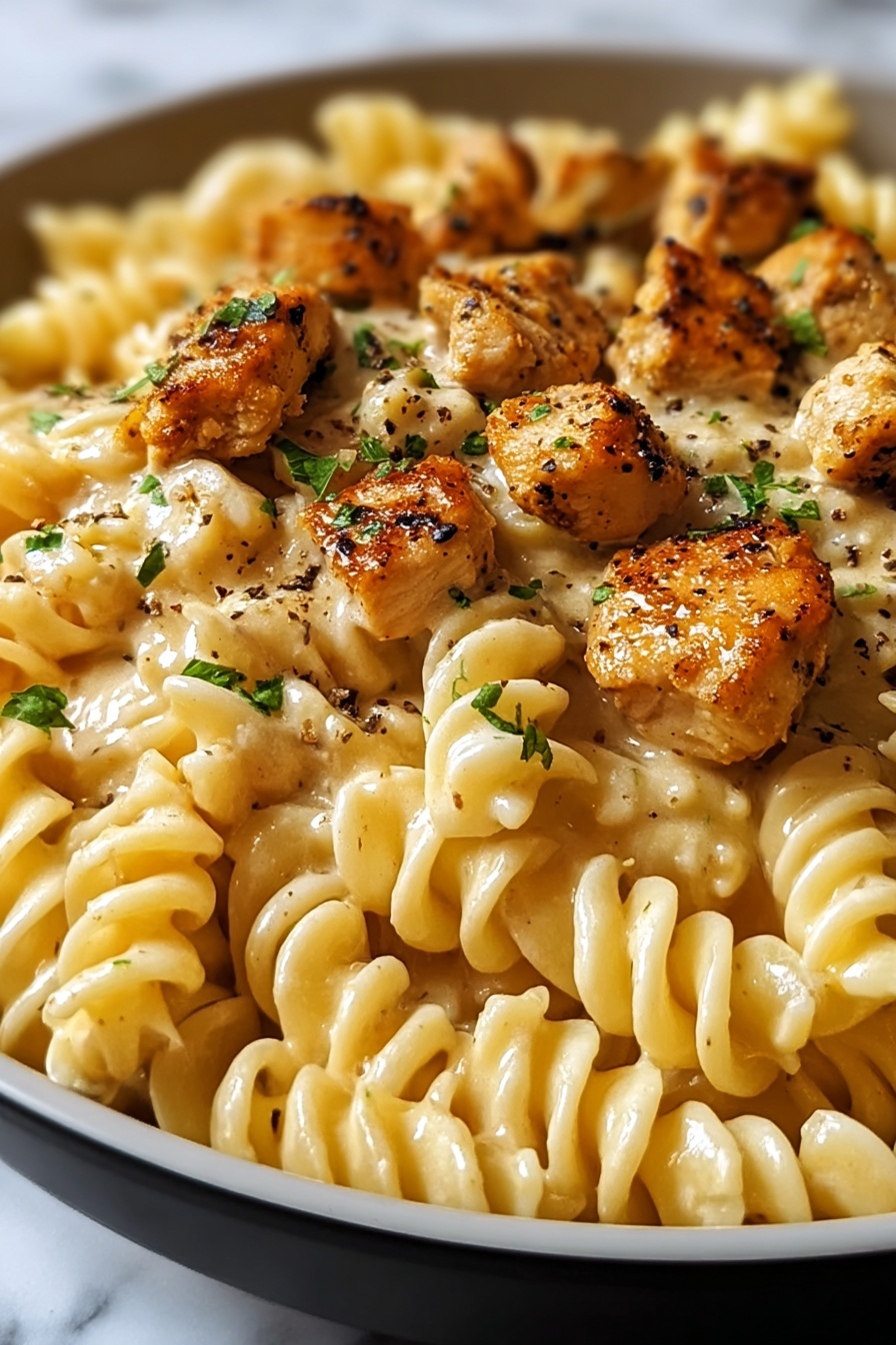 A delicious meal of chicken and pasta.