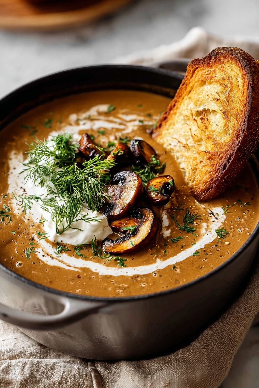 A bowl of Hungarian mushroom soup with a slice of bread on top.