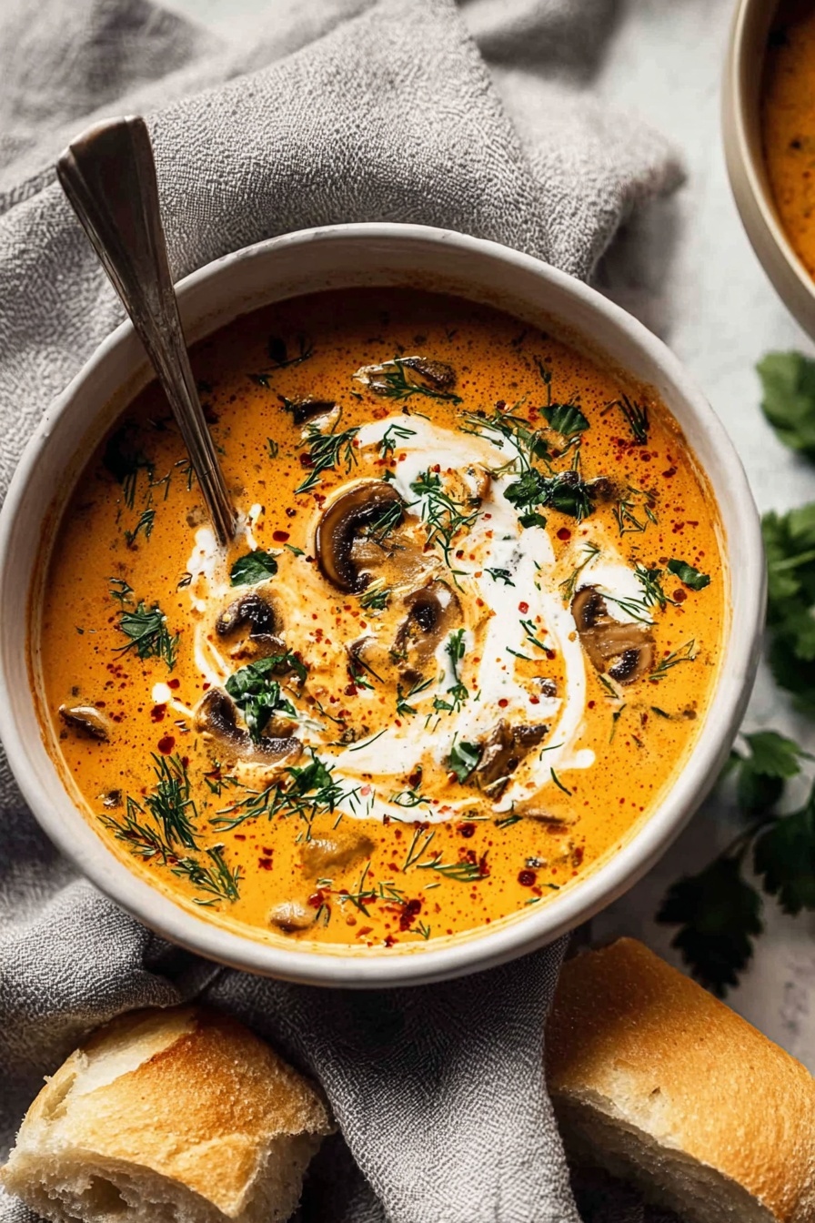 A bowl of soup with mushrooms and white sauce.