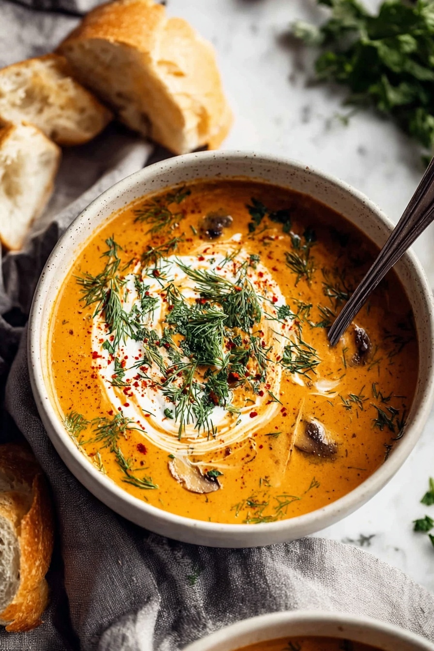 A bowl of Hungarian mushroom soup with a spoon in it.