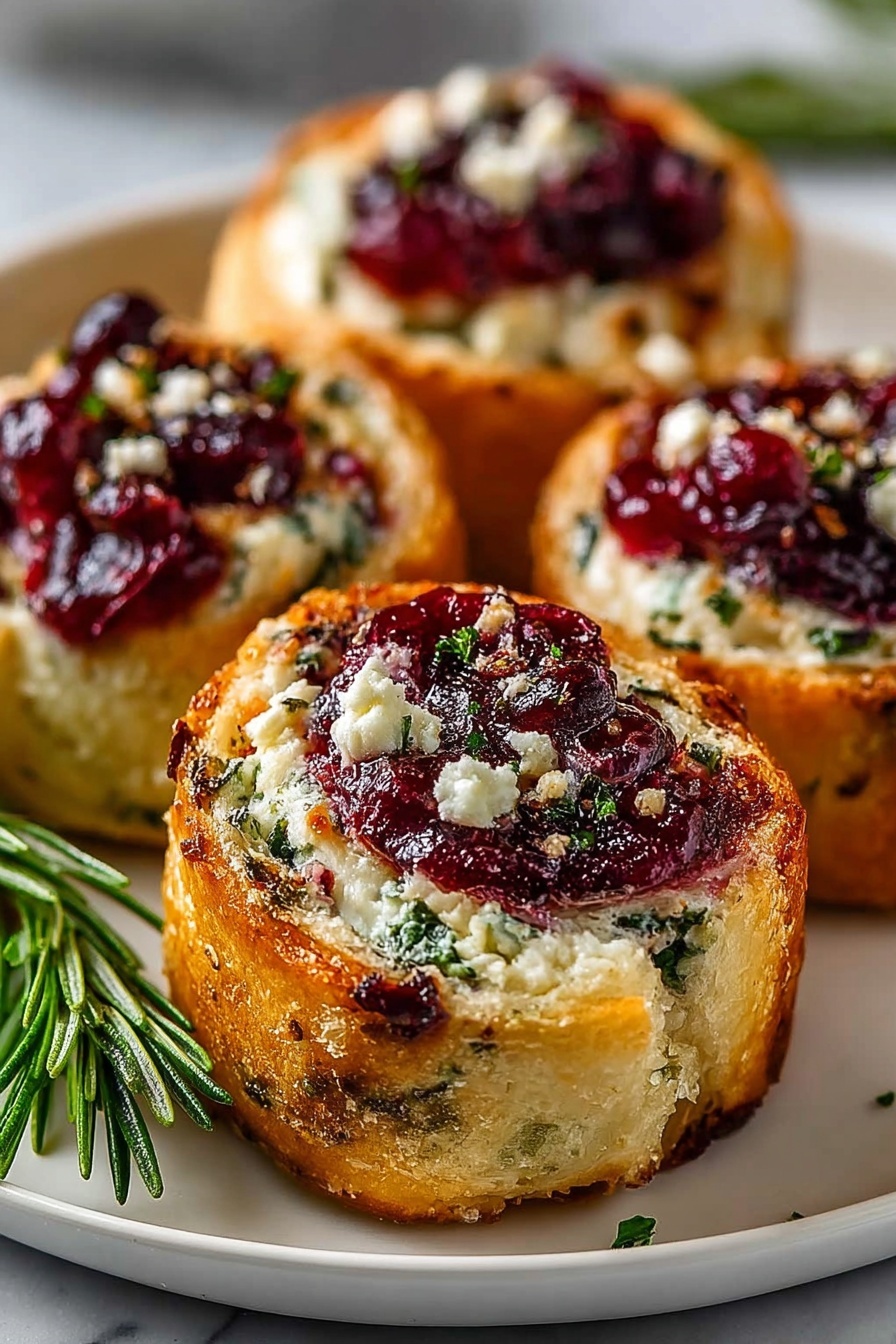 A plate of cranberry cream cheese pinwheels with feta and herbs.