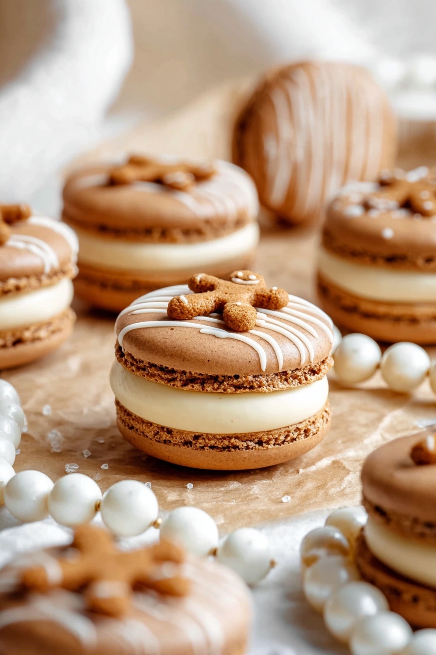 A close up of a gingerbread macaron with white icing.