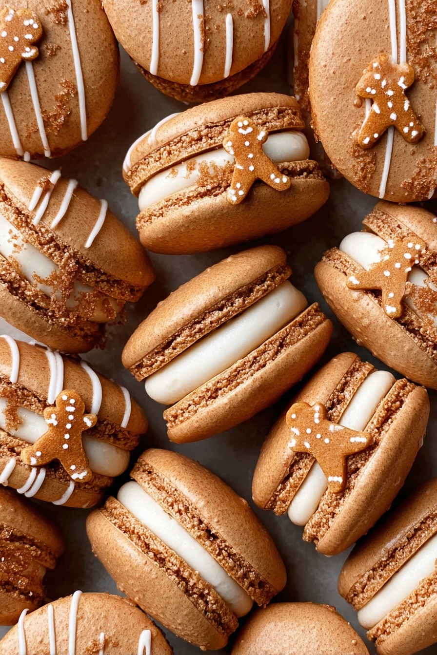 Gingerbread macarons with white icing.