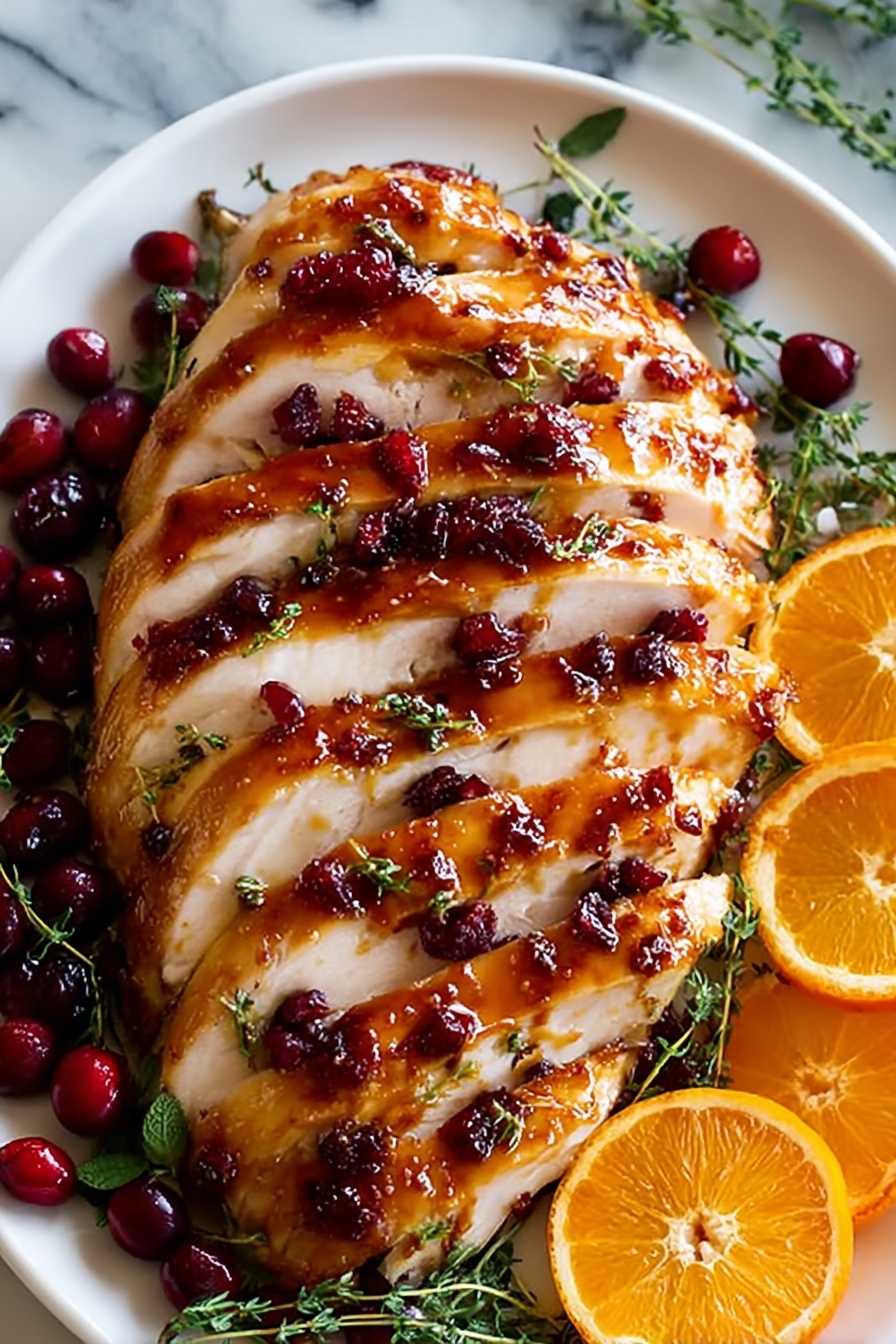 A glazed turkey breast with cranberries and oranges.