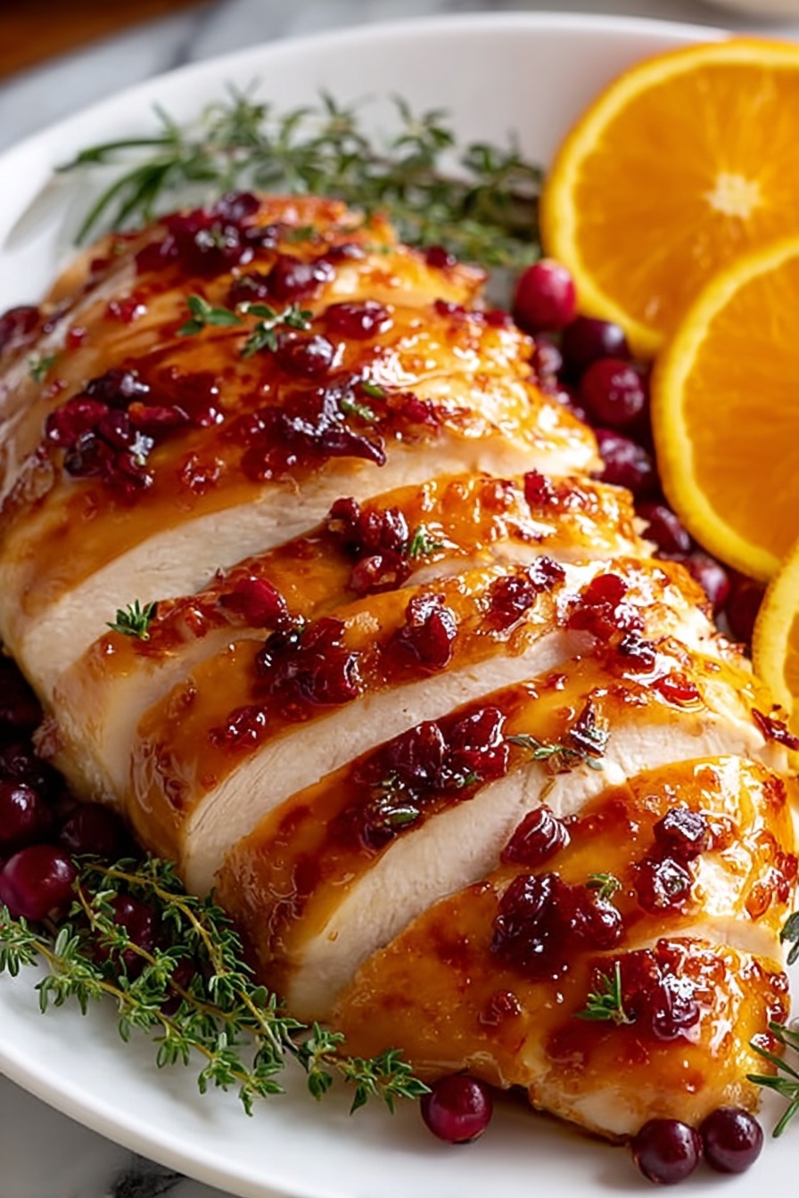 A roasted chicken with a glaze of orange juice and cranberry sauce.