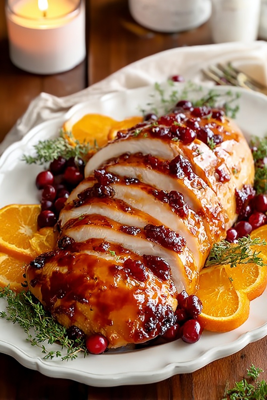 A plate of food with a meat dish and oranges.