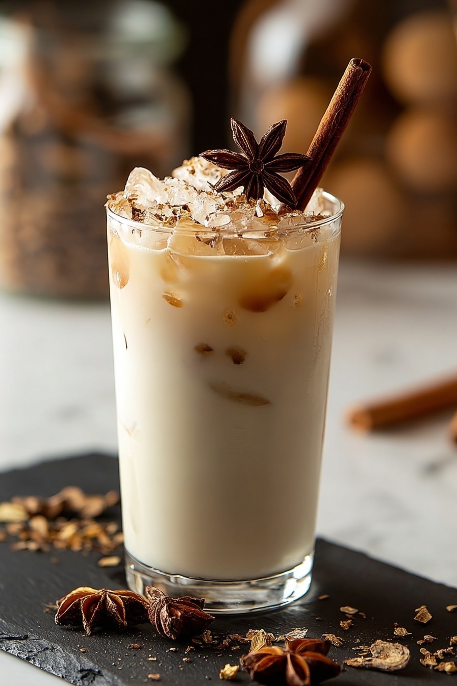 A glass of coconut chai with a cinnamon stick in it.