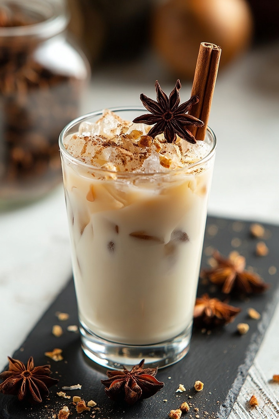 A glass of coconut chai with a star anise garnish.