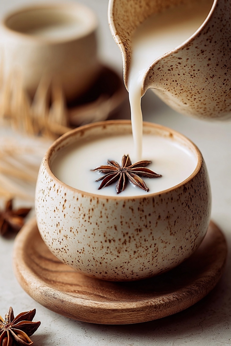 A cup of coconut chai with a spoon in it.