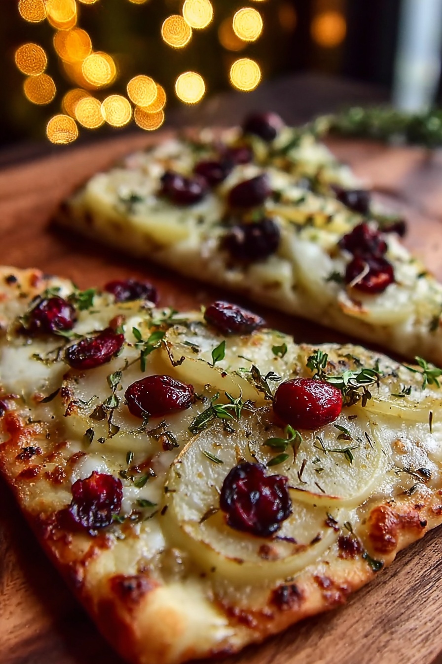 A flatbread with pear, brie, and cranberry toppings.