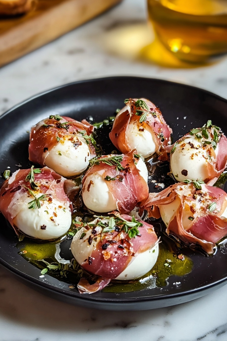 A plate of prosciutto wrapped mozzarella bites.