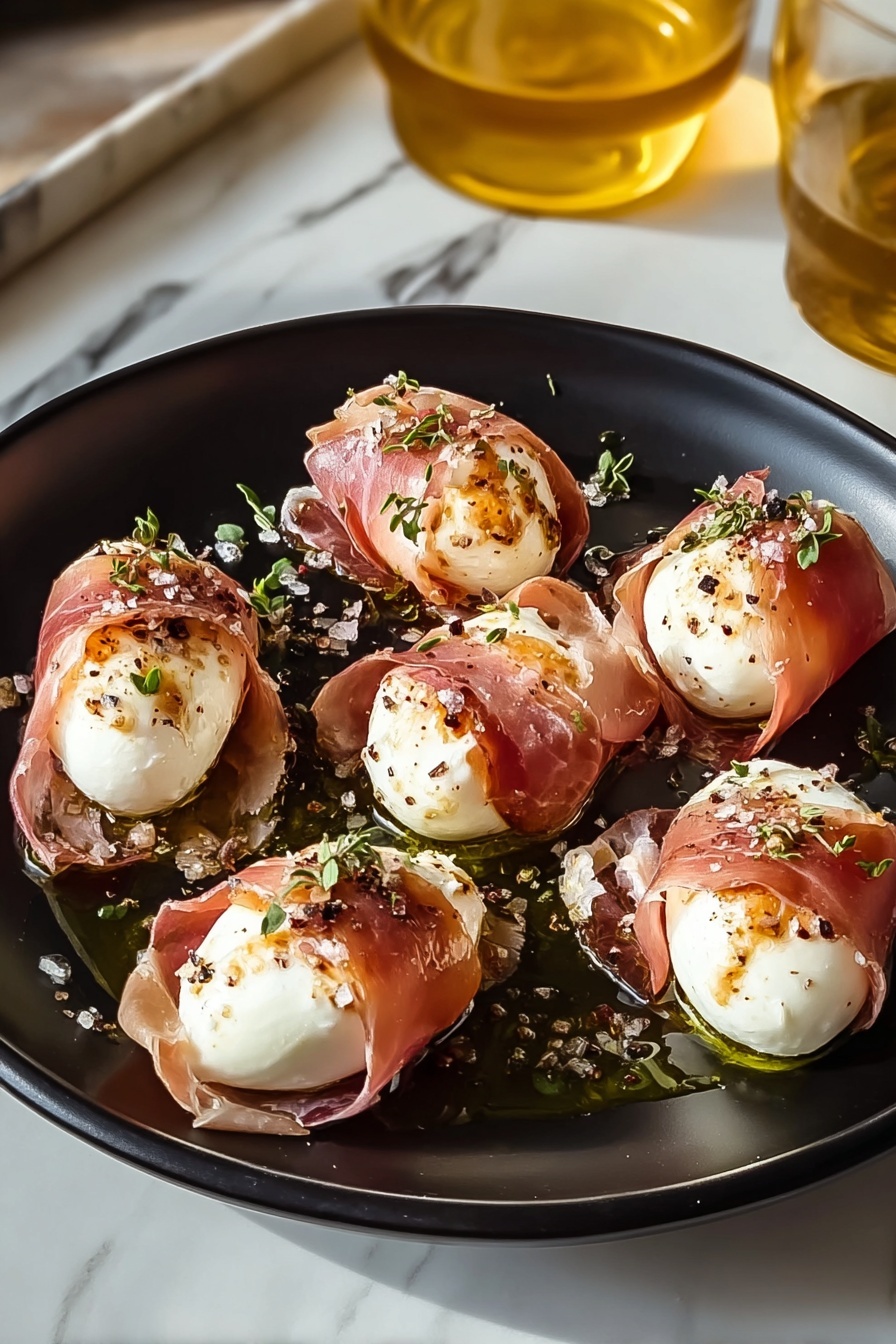 A plate of prosciutto wrapped mozzarella bites.