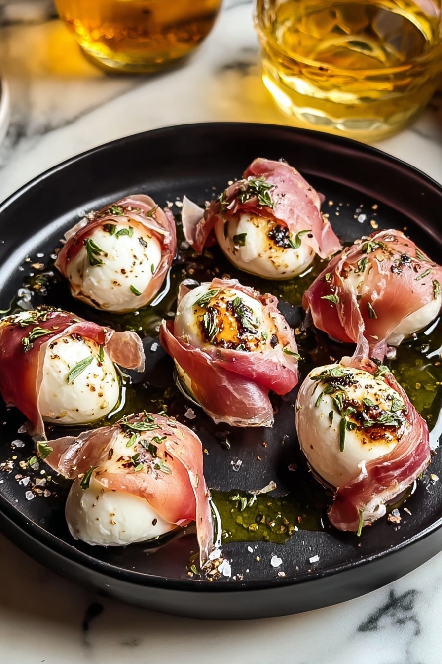 A plate of prosciutto wrapped mozzarella bites.