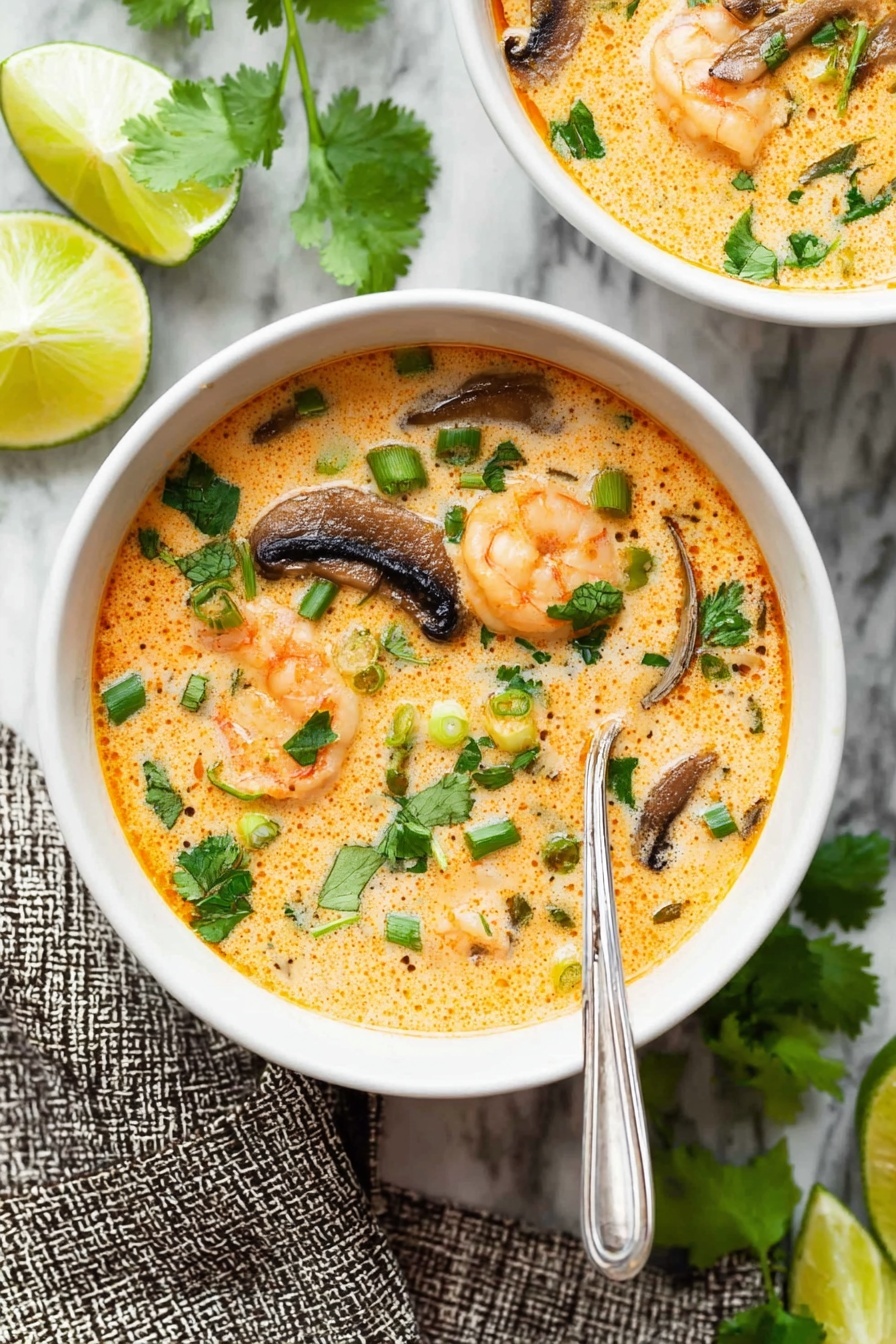 A bowl of soup with shrimp and vegetables.