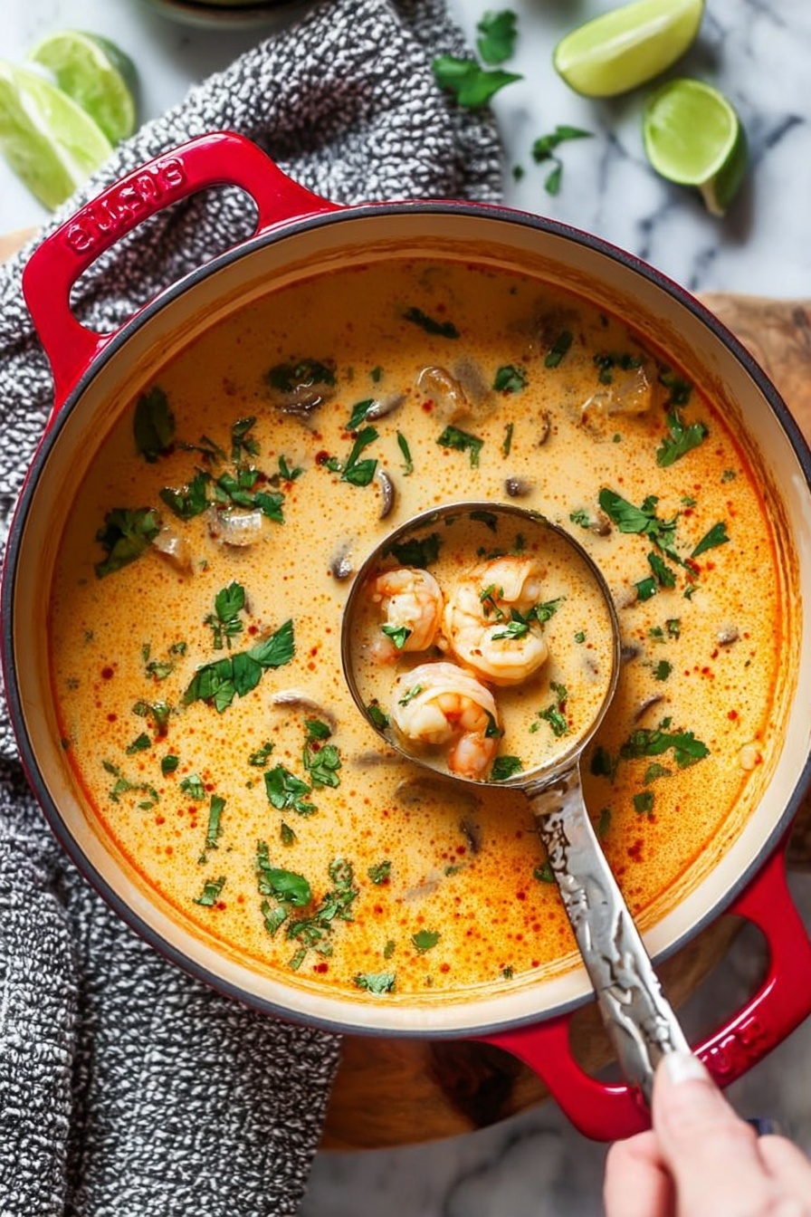 A spoon is in a bowl of soup.