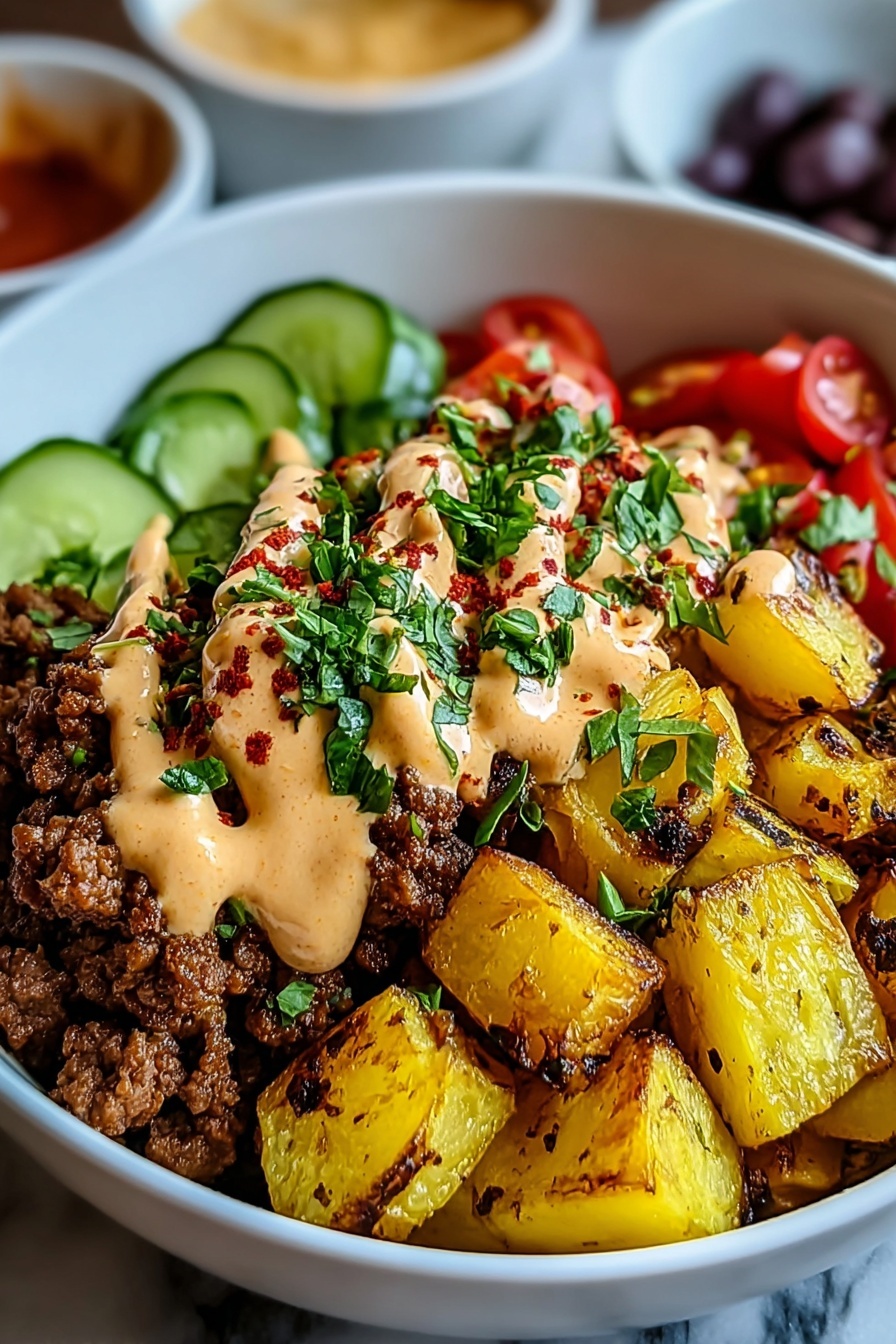 A bowl of food with a variety of ingredients.