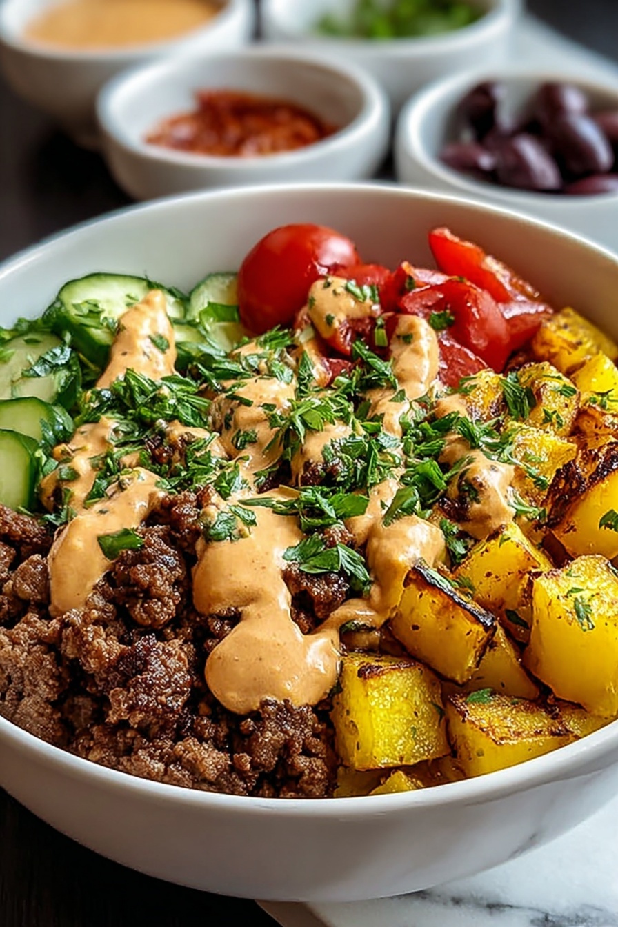 A bowl of food with a variety of ingredients.