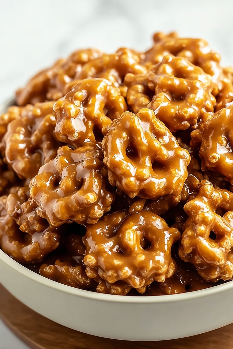 A bowl of butter toffee pretzels.