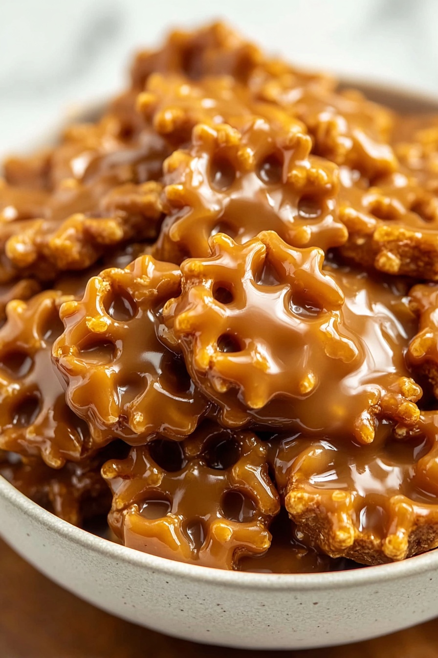 A bowl of butter toffee pretzels.