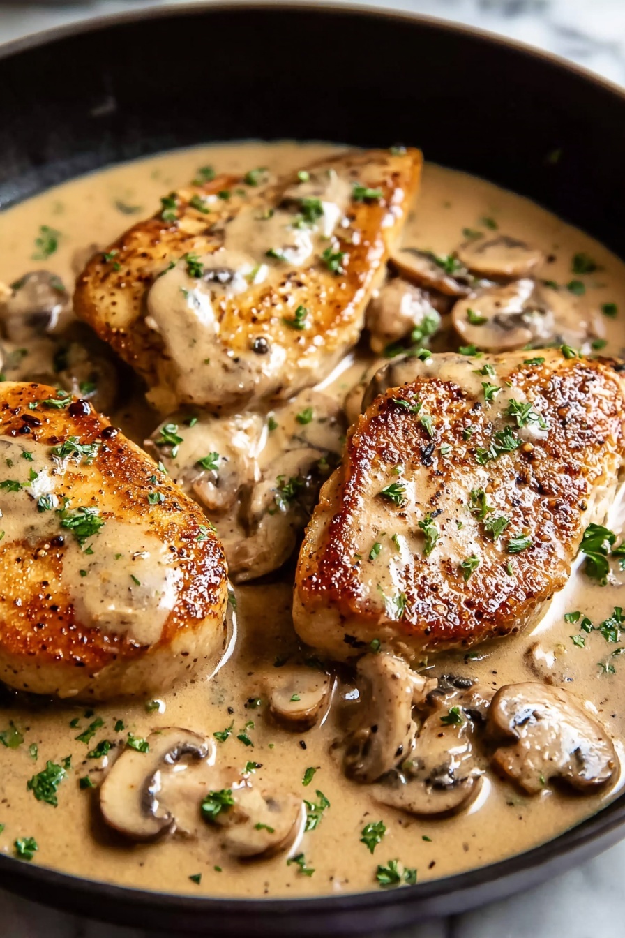 Chicken Marsala with mushrooms and herbs.