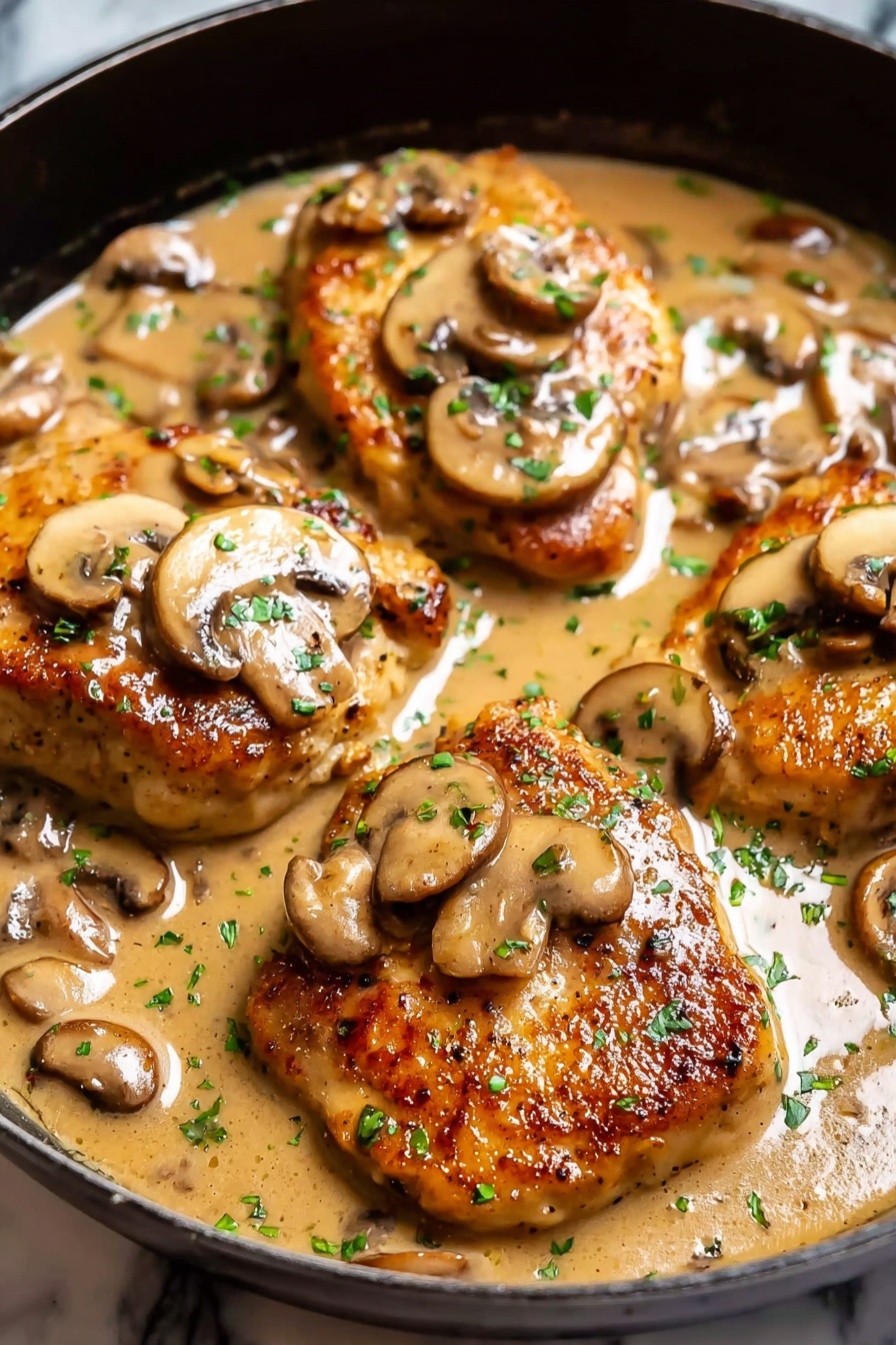 Chicken Marsala with mushrooms and herbs.