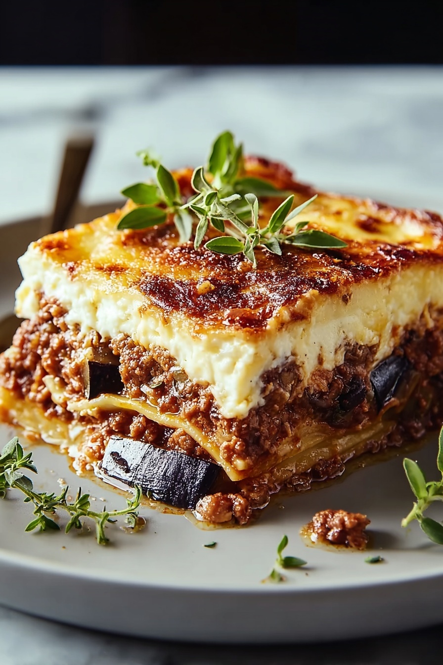 A slice of Greek Moussaka on a plate.