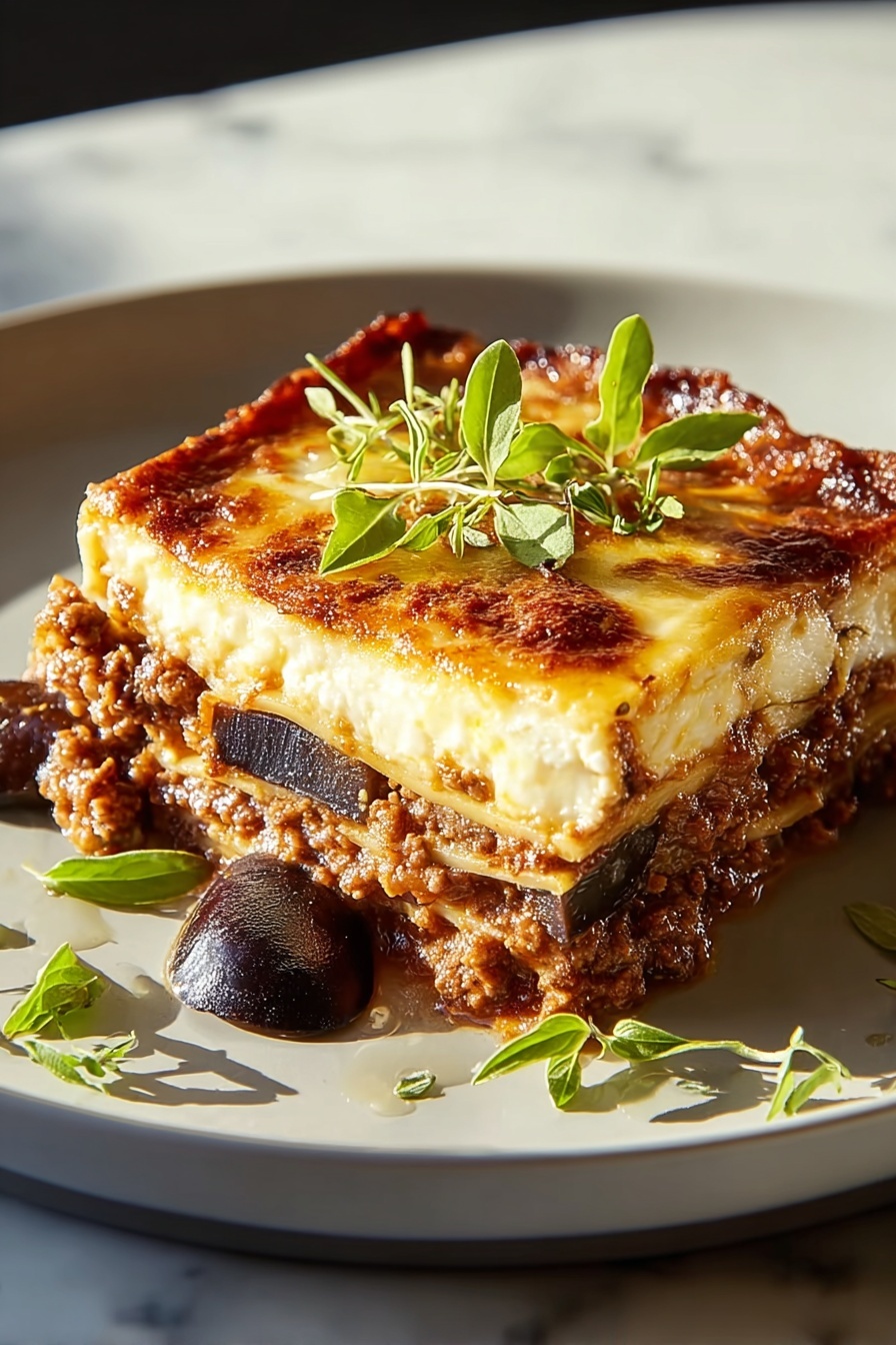 A plate of food with a Greek Moussaka on it.