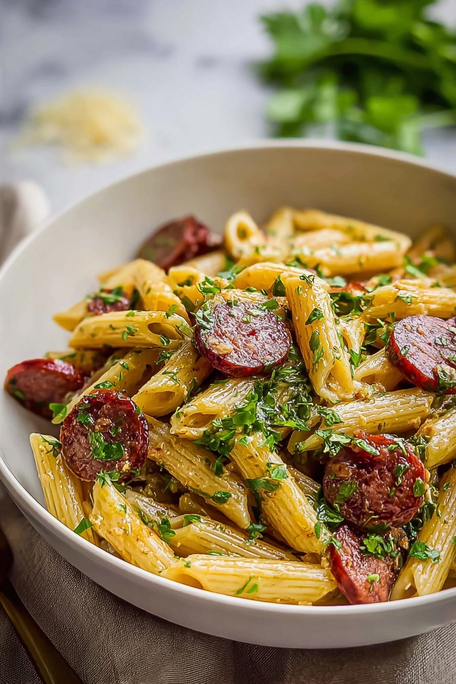 A bowl of pasta with sausage and herbs.