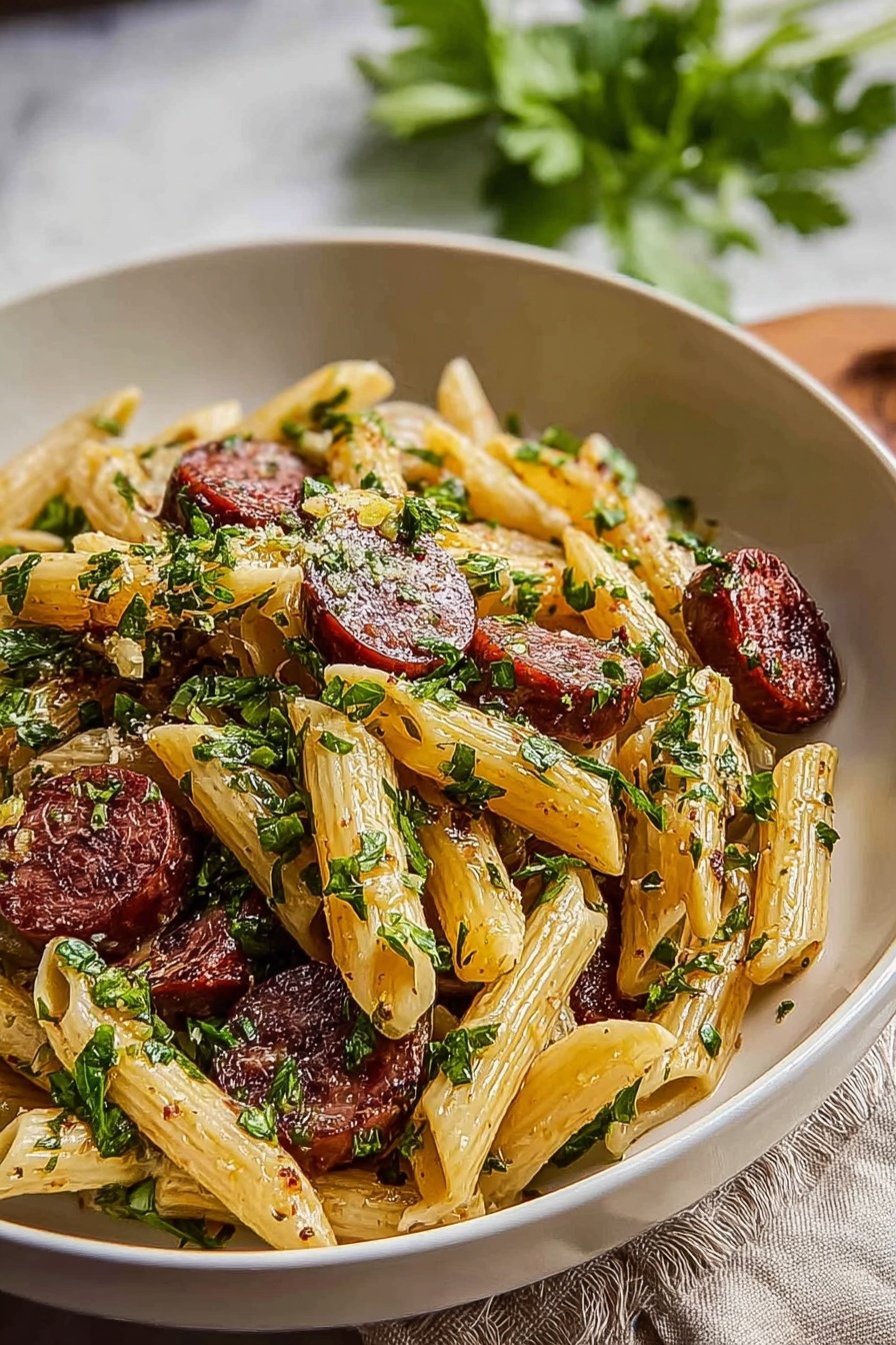A bowl of pasta with sausage and herbs.