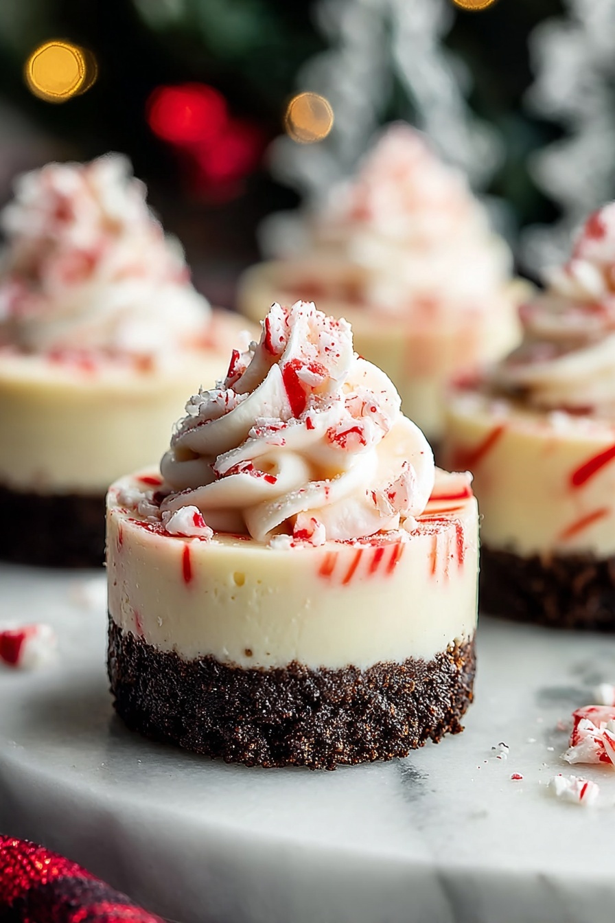 Three mini peppermint bark cheesecakes with white whipped cream.