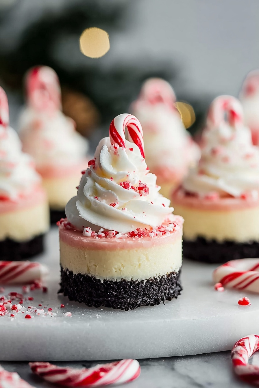 A close up of a mini peppermint bark cheesecake.