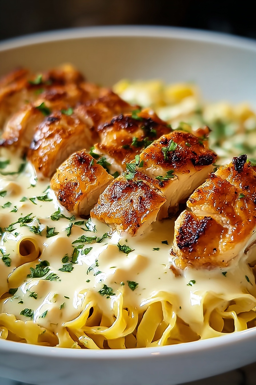 A delicious meal of chicken and noodles.
