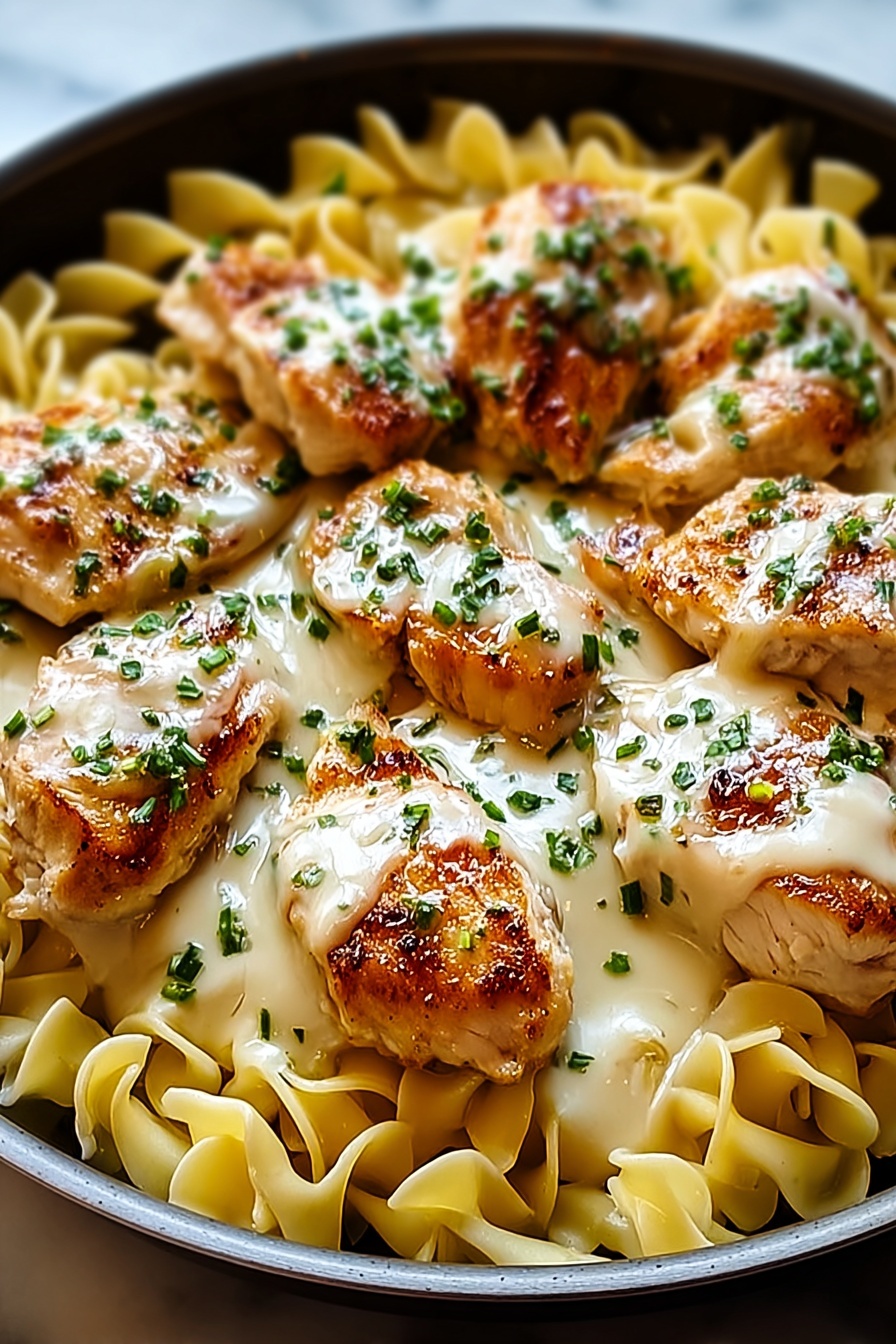 A plate of chicken with buttered noodles.