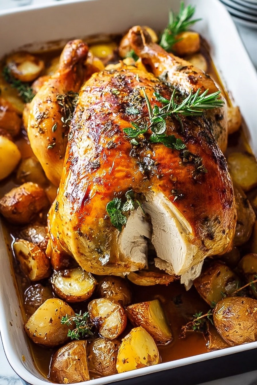A roasted turkey with herbs and potatoes.