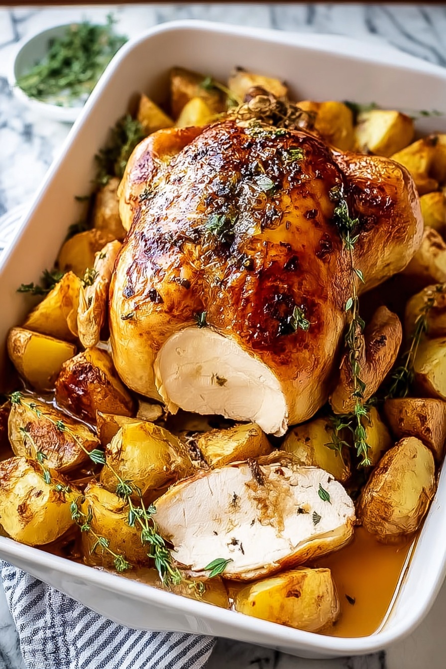 A roasted turkey with potatoes and herbs.