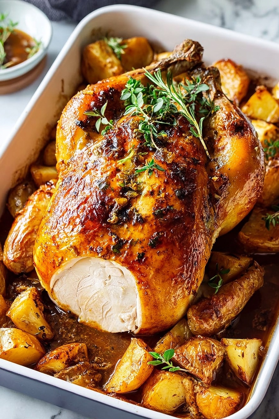 A roasted chicken with herbs and potatoes.