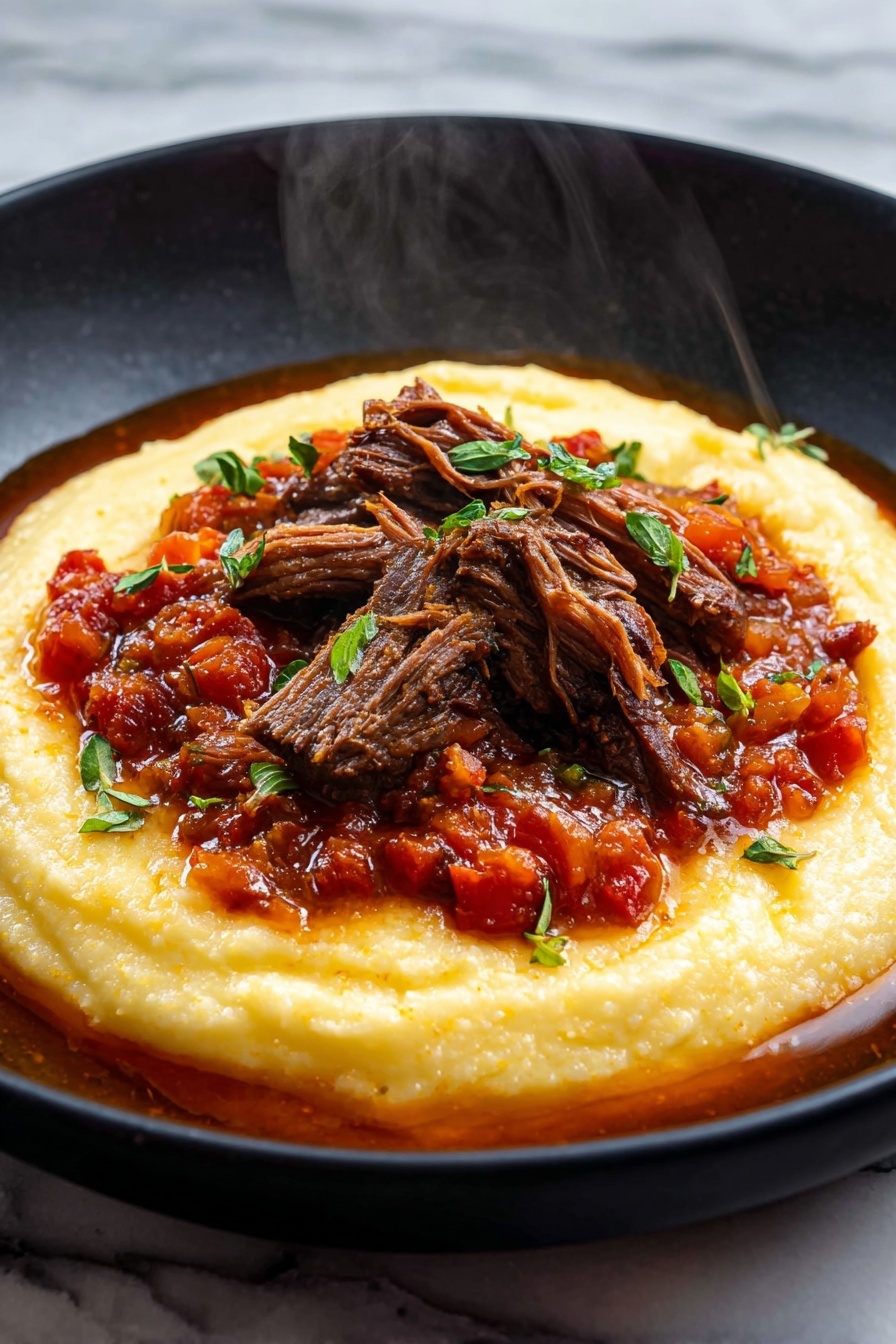 A dish of Italian pot roast with tomatoes and herbs.