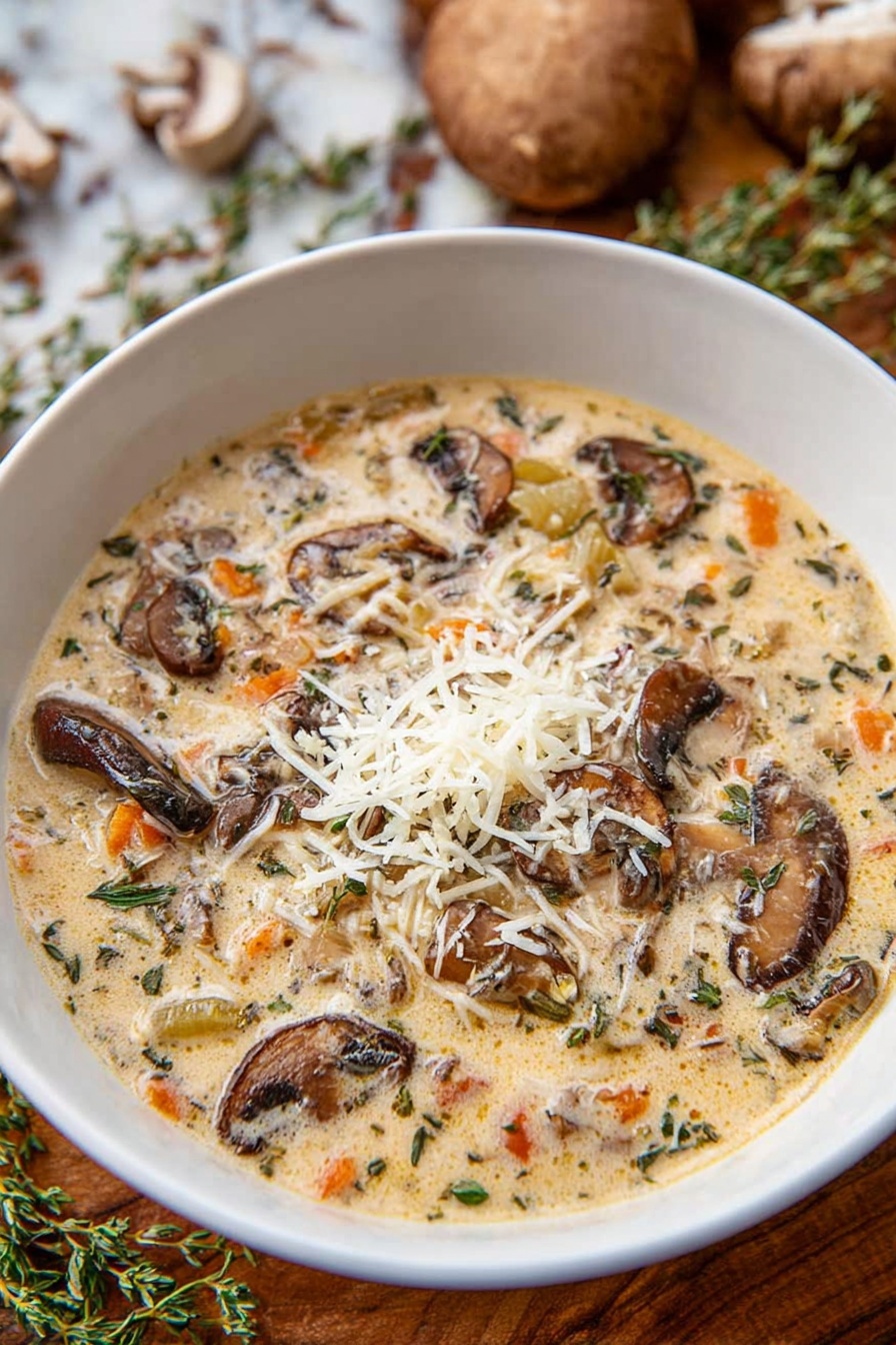 A bowl of soup with mushrooms and cheese.