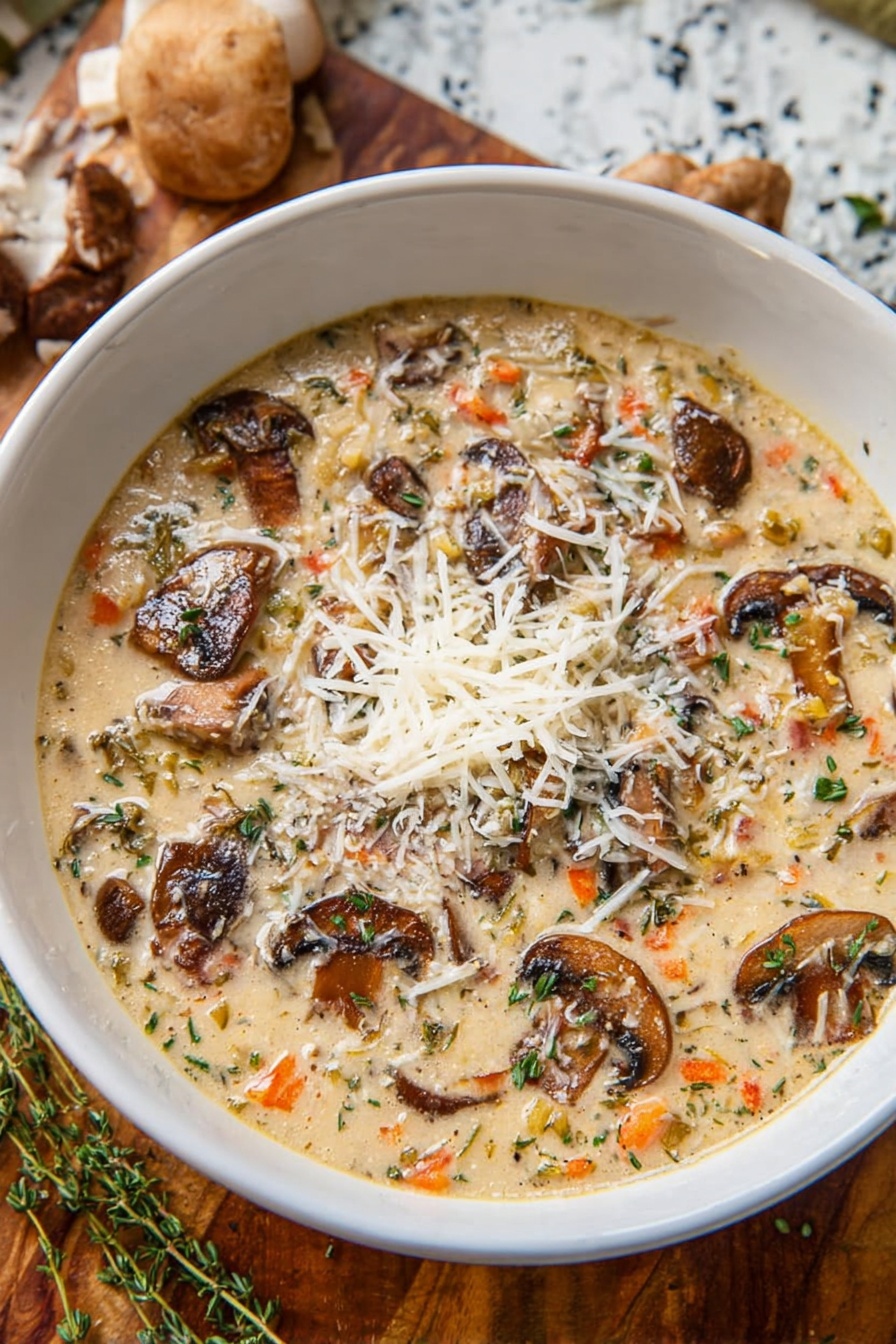 A bowl of creamy mushroom chicken and wild rice soup.