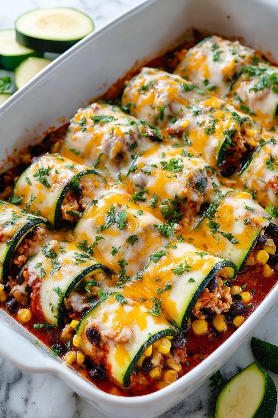 A dish of zucchini enchilada roll ups.