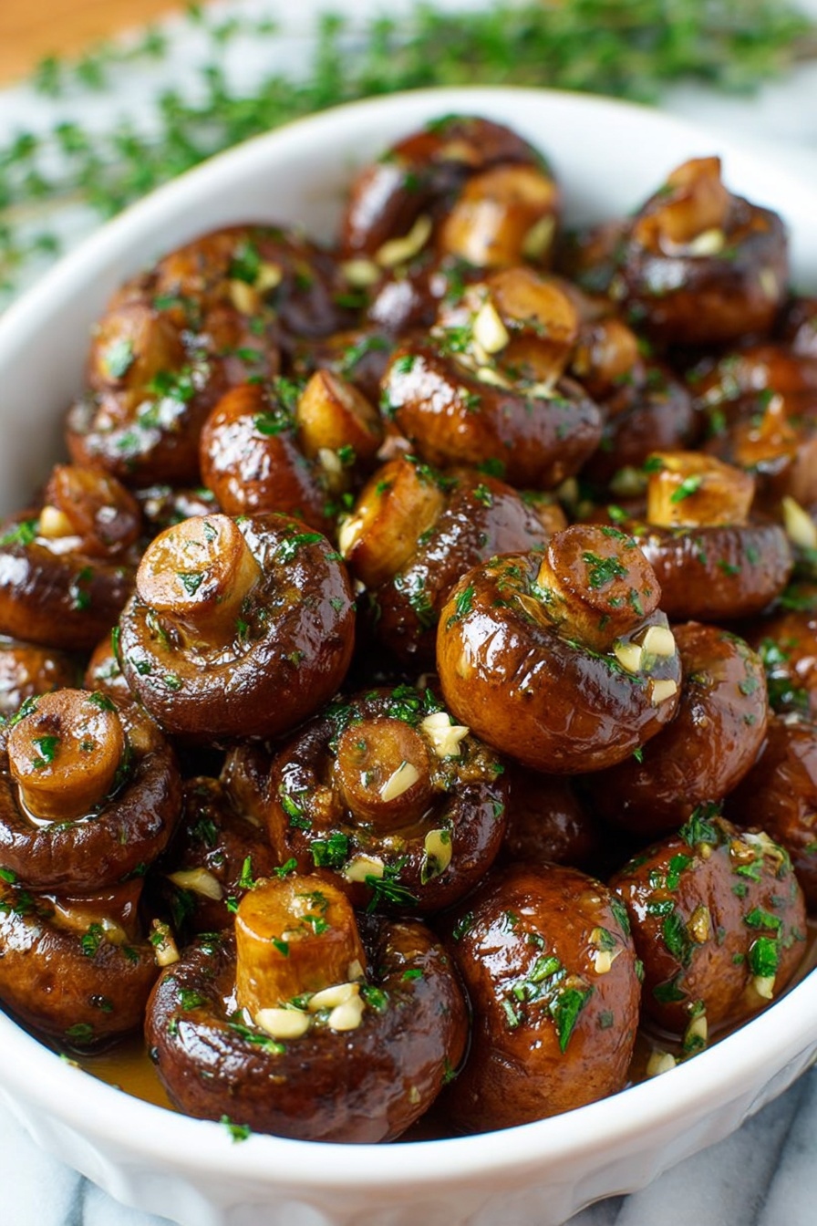 A bowl of mushrooms with garlic and balsamic sauce.