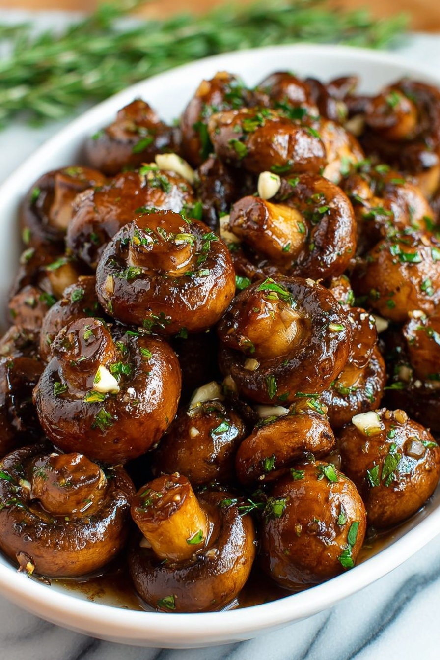 A bowl of mushrooms with a brown sauce.