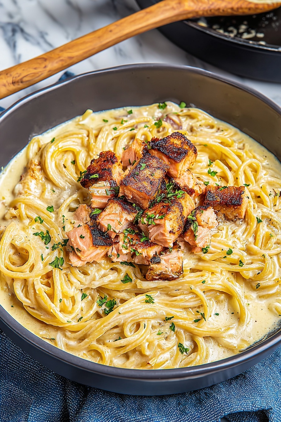 A bowl of salmon pasta.