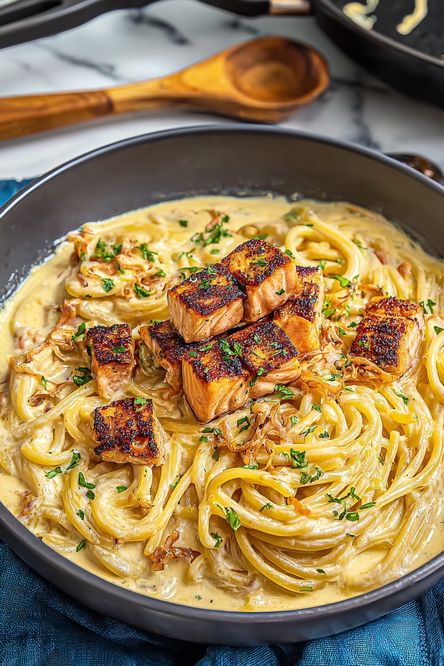 A bowl of salmon and pasta.
