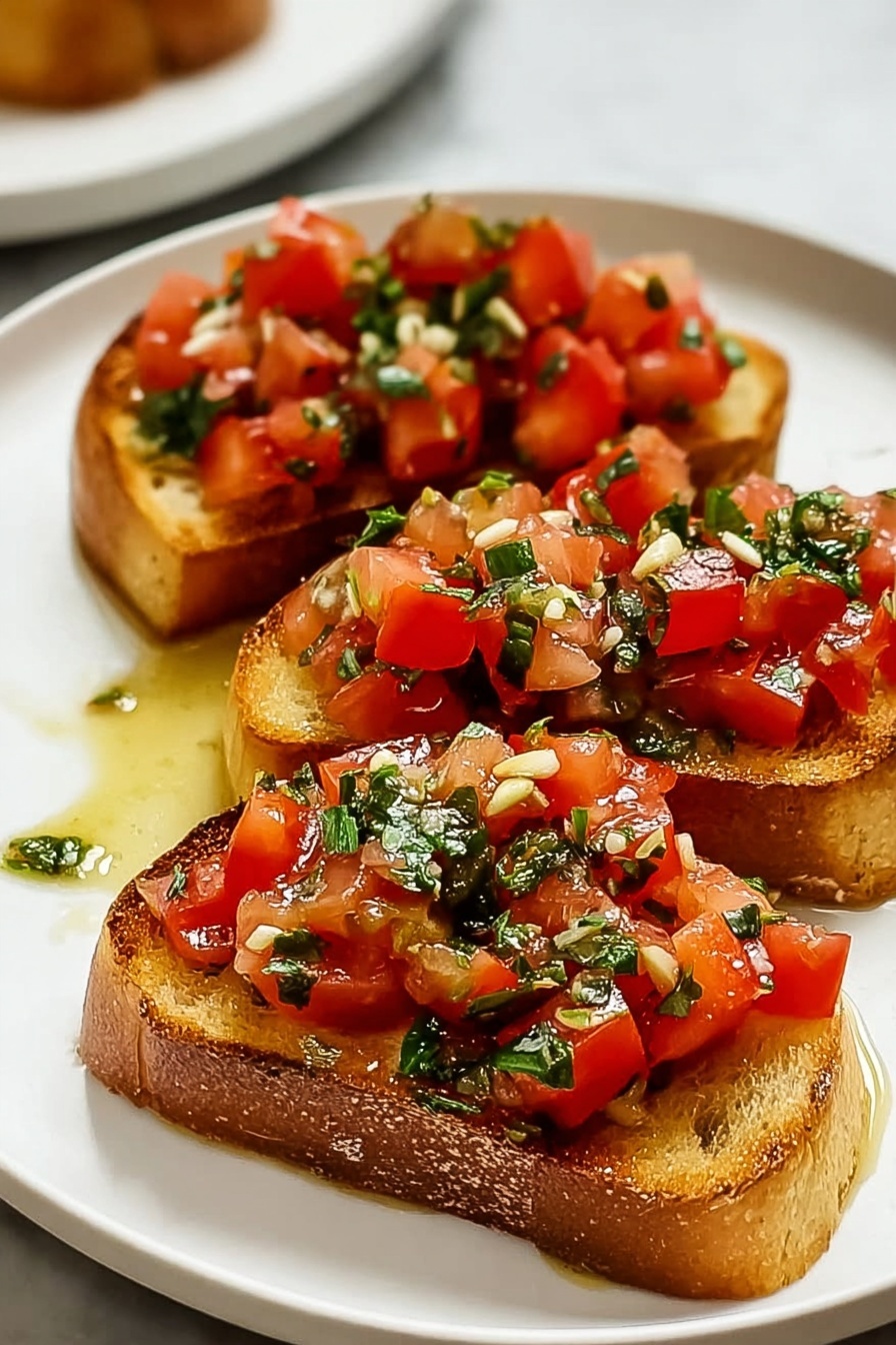 A plate of bruschetta with tomatoes and basil.