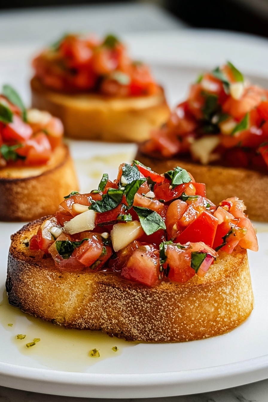 A plate of bruschetta with tomatoes and basil.